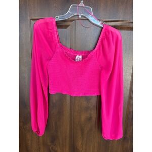 Sadie + Sage Boutique Hot Pink Vibrant Sheer Long Sleeve Baby Doll Top | M